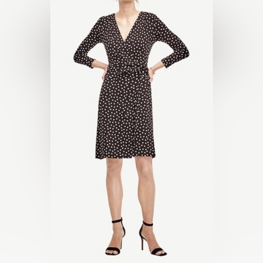Ann Taylor Black and White Dot Wrap Dress V-Neck 3/4 Sleeve Size 2